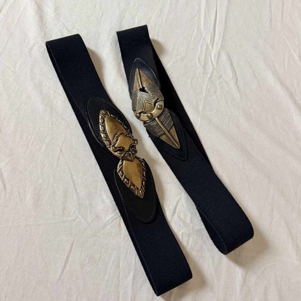 Vtg Omega & Day Lor Stretch Belt Bundle Black Elastic Gold Tone Statement Buckle - Picture 1 of 16